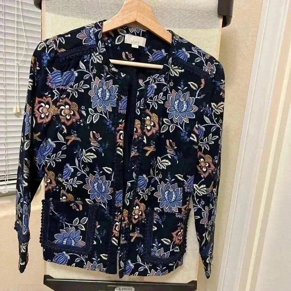 LOFT Evening navy‎ blue and orange floral print cotton blend blazer Size 6 boho